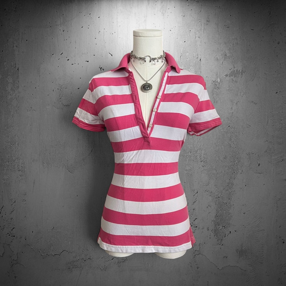 Y2K Tommy Hilfiger Striped V-Neck Polo Shirt Med Pink White Preppy Short Sleeve